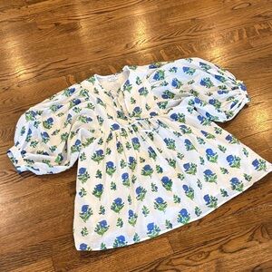 Saule Parc white with blue Floral Peasant Top, short puff sleeve,tie at neck,xS